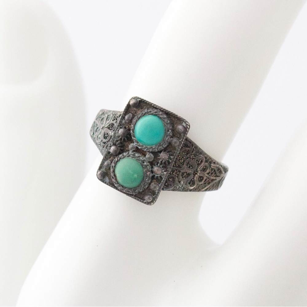 Vintage Chinese Turquoise Sterling Silver Ring Two Stone Size 6 Adjustable